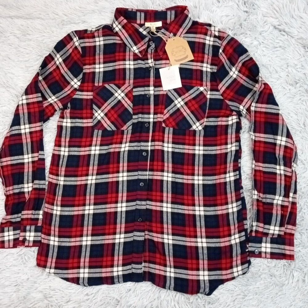 Kori America Shirt Womens S Red Plaid Button Up Pocket Soft Lightweight New